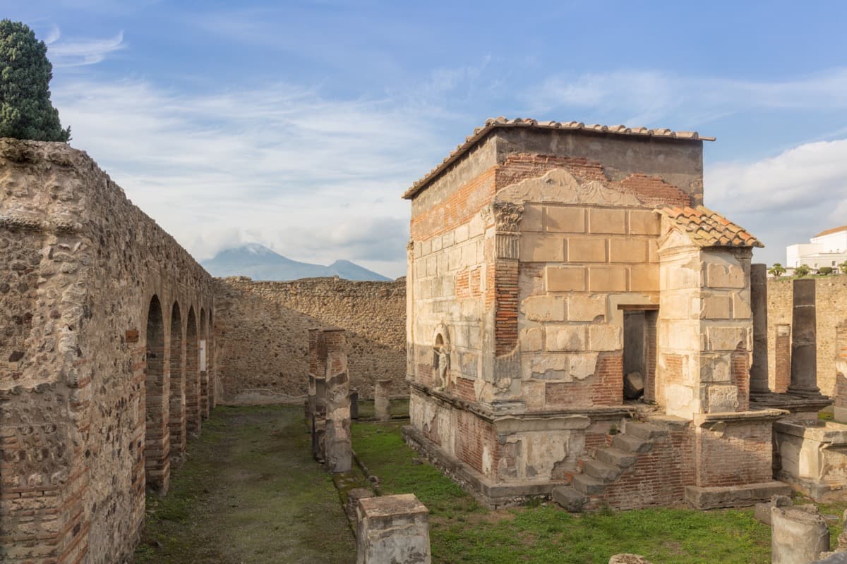 The Forum at Pompeii looking north toward the Temple of Jupiter with Mount Vesuvius behind